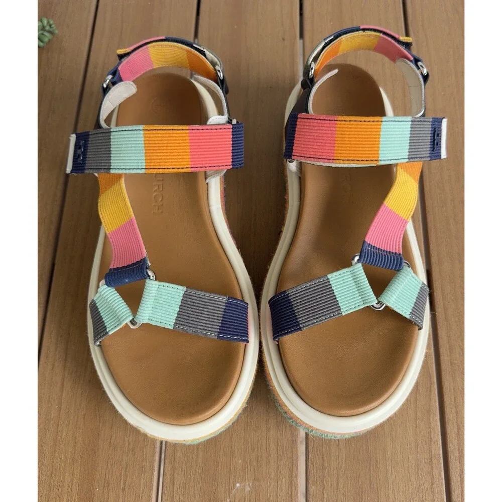 Tory Burch Sport Strappy Sandals Women 8.5M Nylon Webbing Leather Platform Multi